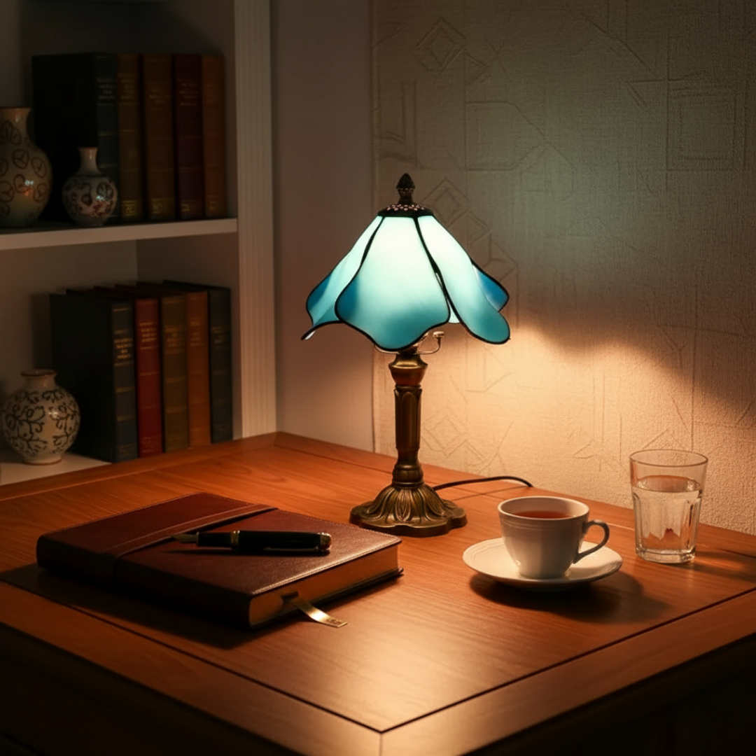Blue Fairy lamp lit on a wooden desk beside a notebook and cup of tea