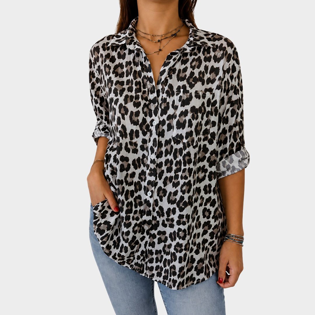 Easy everyday print blouse in leopard print, front view worn with jeans