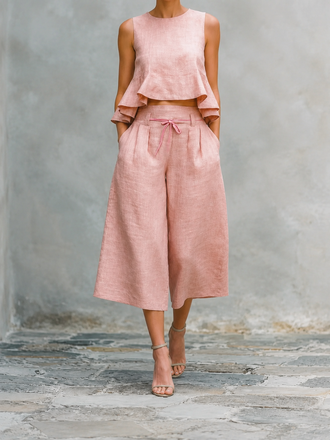 Freya two-piece ruffled set in pink, full-length front view
