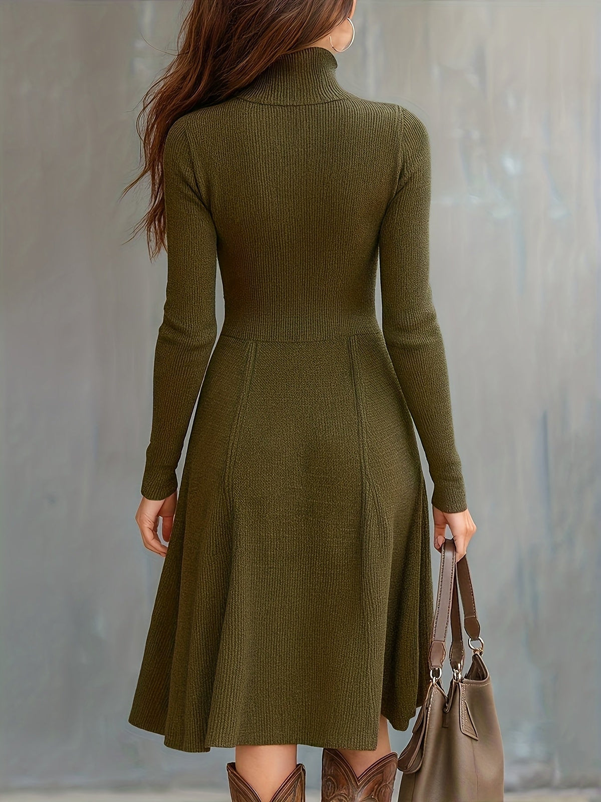 Zinnia zippered long sleeve dress in army green, back view