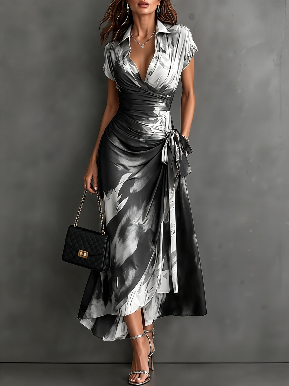Carlotta abstract print midi wrap dress in black and white, full-length front view