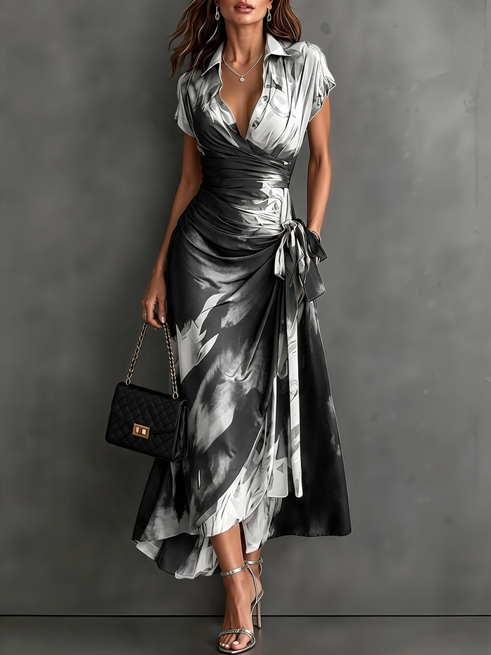 Carlotta abstract print midi wrap dress in black and white, full-length front view