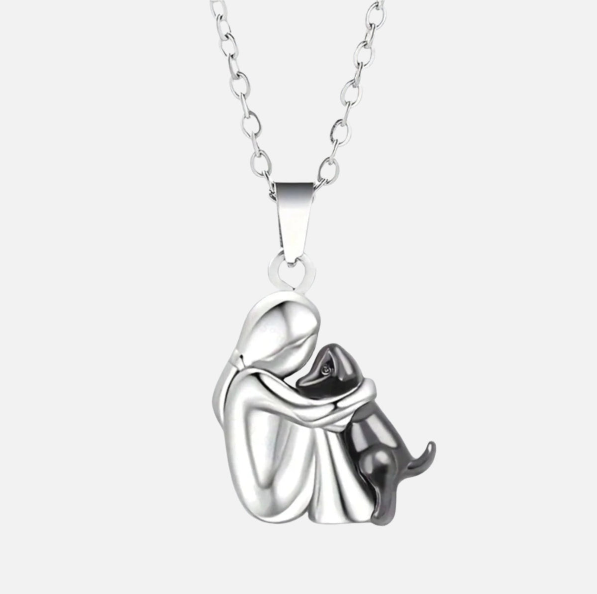 Marinette dog pendant necklace in silver with black dog, front view