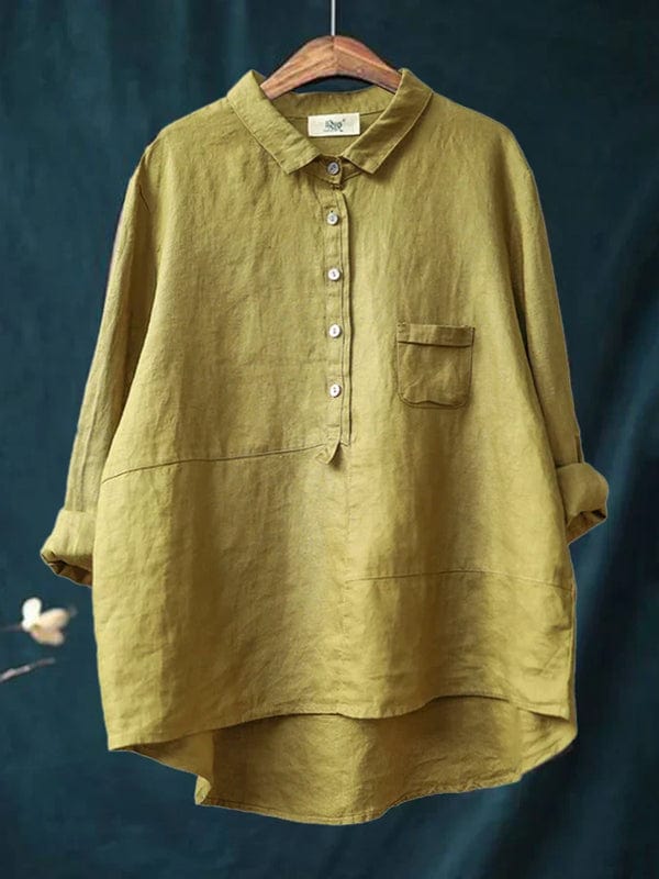 Fenora collared blouse in yellow, front view with high-low hem