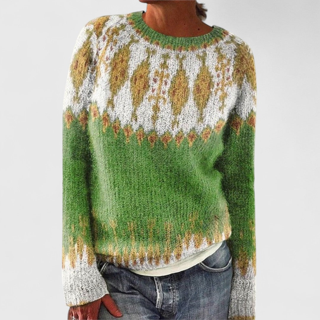 Linda retro Scandinavian knitted sweater in green, mustard and cream, front view