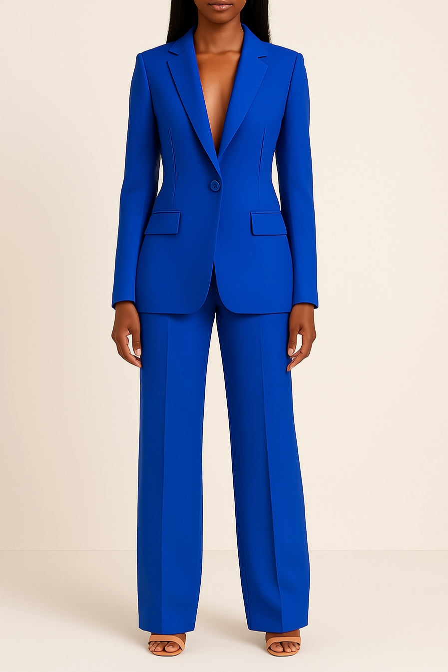 Zoe tailored suit set in blue, front view with wide-leg trousers