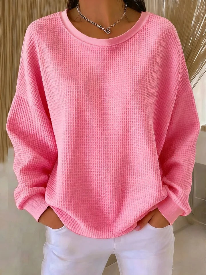 Kelsey waffle-knit sweater in pink, front view with white jeans
