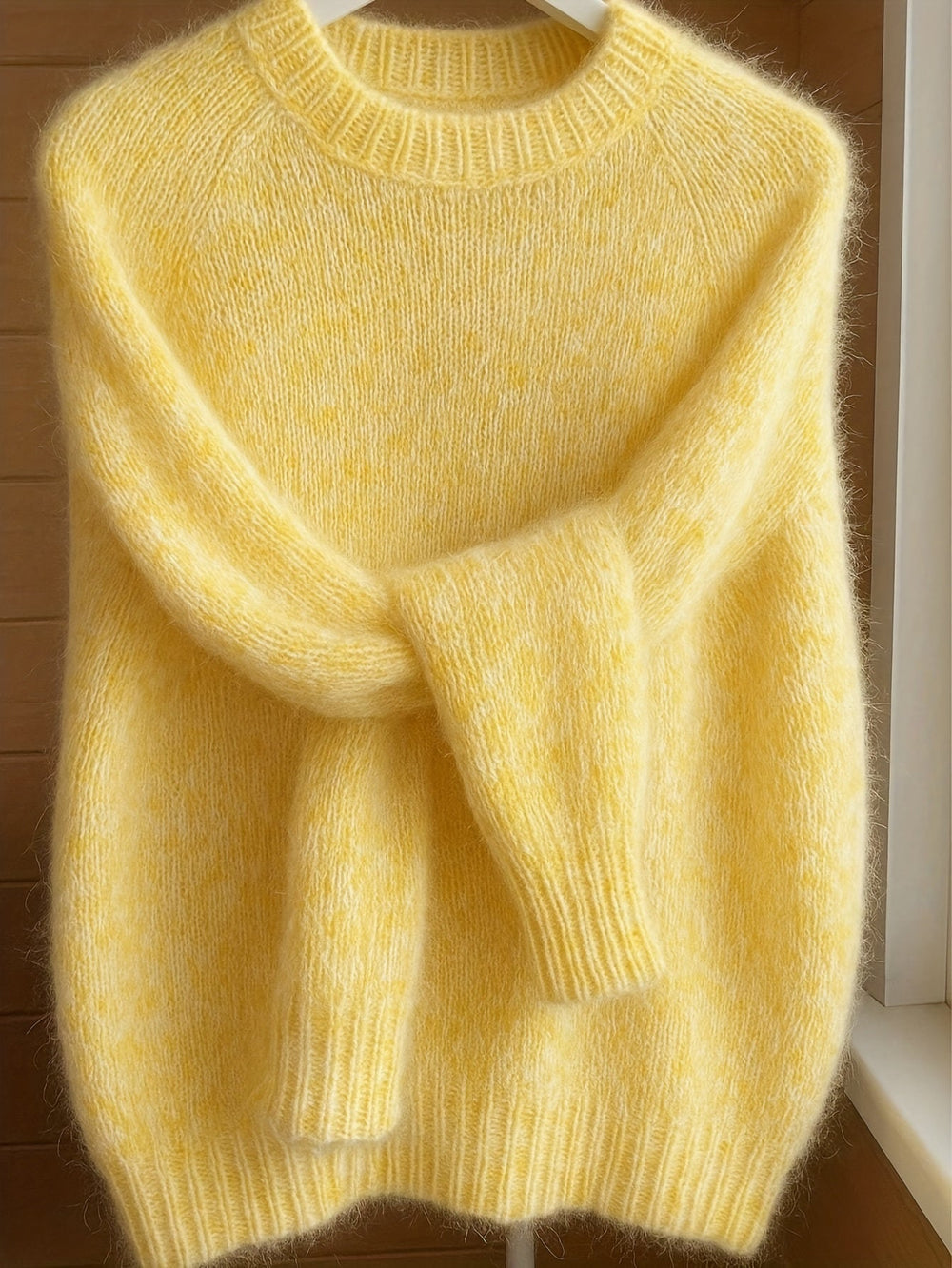 Camill mohair blend sweater in lemon yellow, front view with tie detail