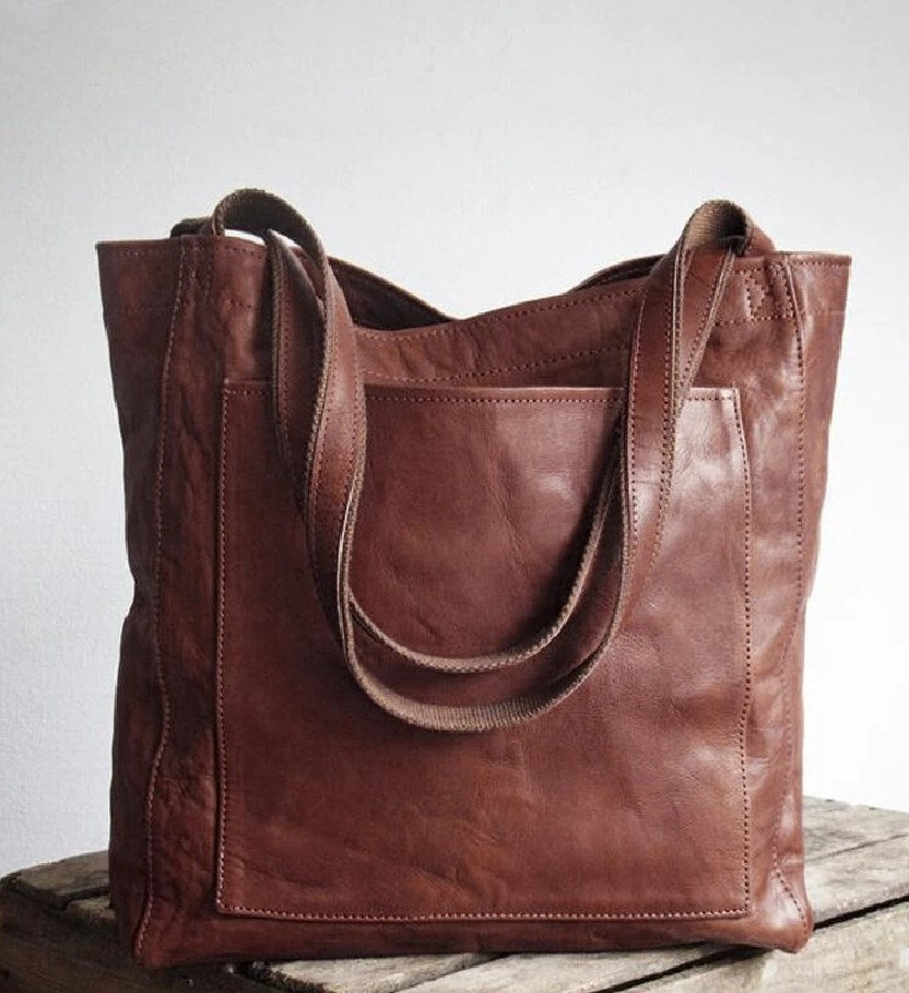 Heritage leather tote in dark brown, front view
