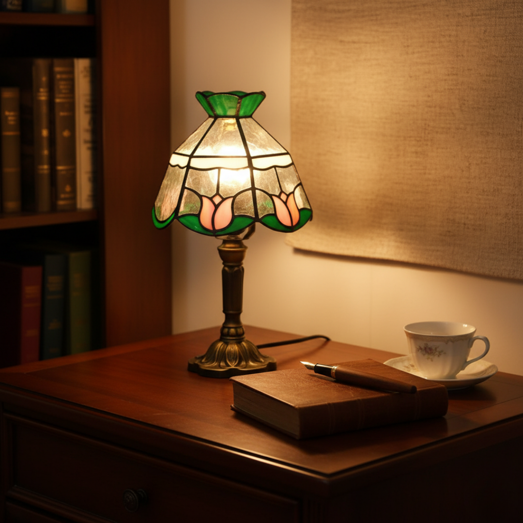 Mysterious Rose stained-glass lamp lighting a wooden desk with books and a teacup