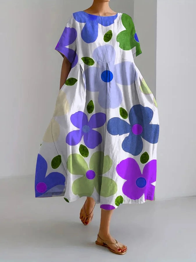 Clementine floral summer dress in blue and purple, full-length front view