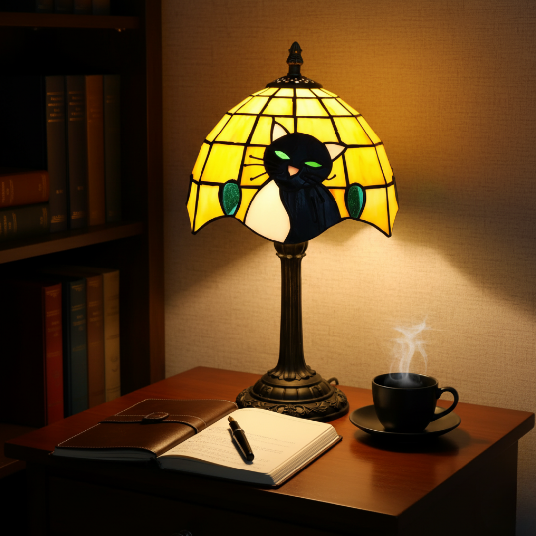 Green Eyes stained-glass lamp glowing on a desk with books and coffee