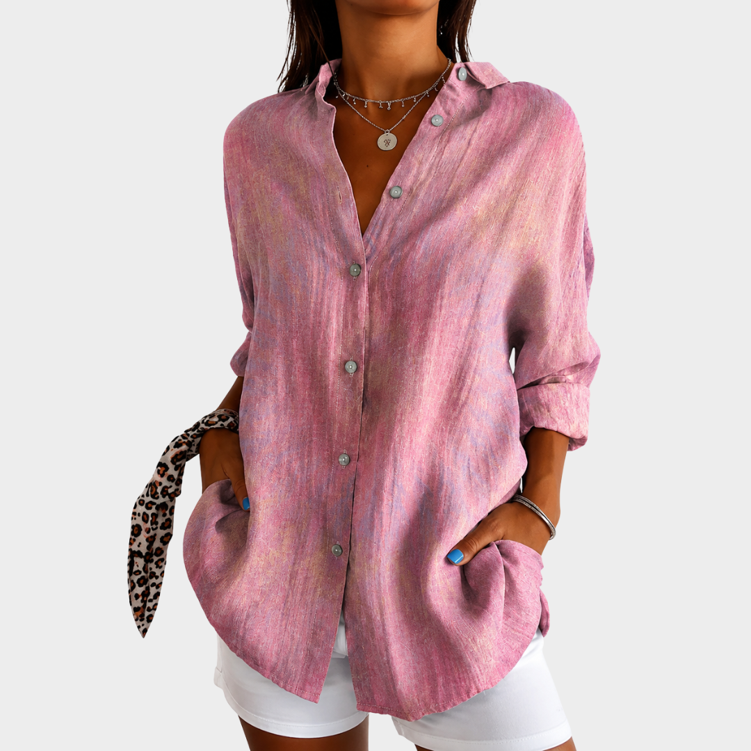 Everyday powder pink blouse in soft brushed pink, front view worn with white shorts