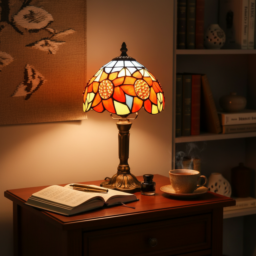 Sunflowers table lamp glowing on a bedside table beside a book and cup