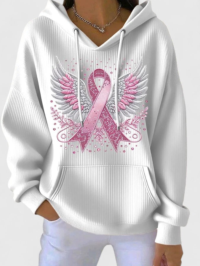 Serenica hooded top in white with winged ribbon print, front view