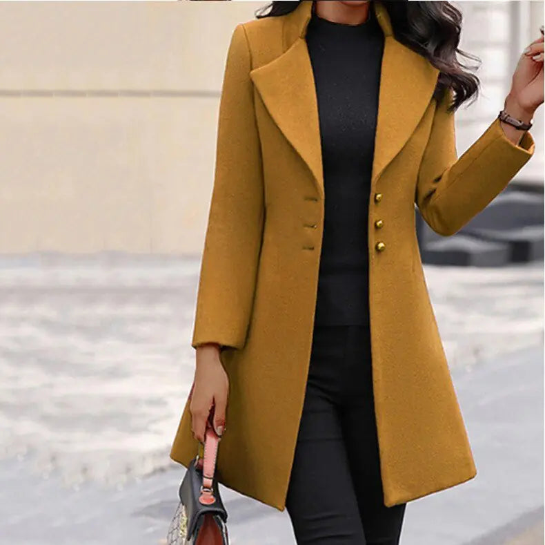Oliviane long coat in yellow, front view with lapel collar