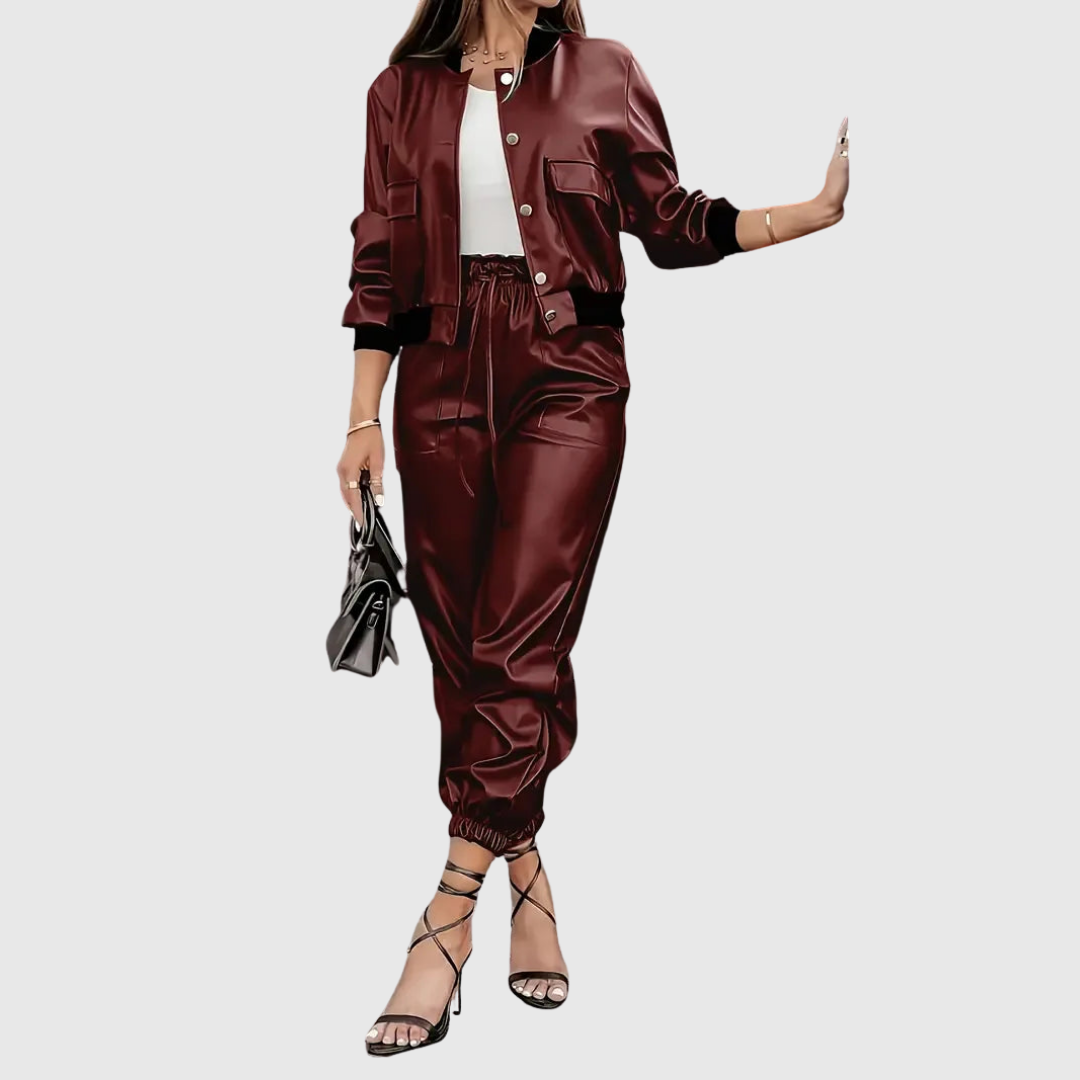 Livia luxe two-piece leather set in burgundy, full front view