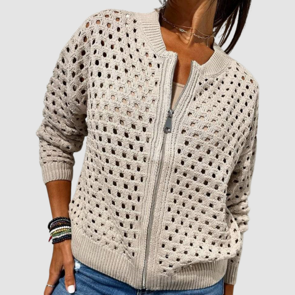Constance knitted zip cardigan in beige, open-knit front view