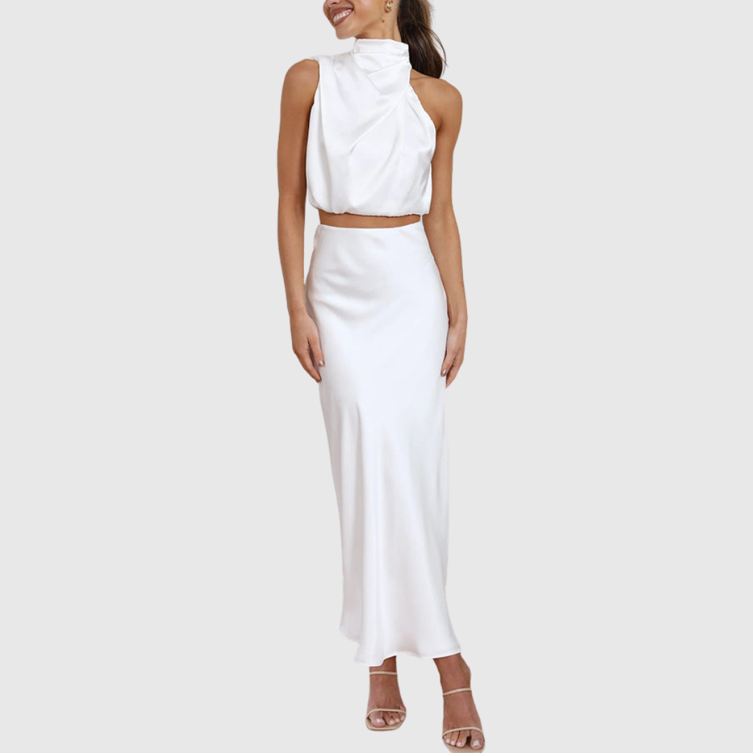 Emily white satin two-piece set, full-length front view