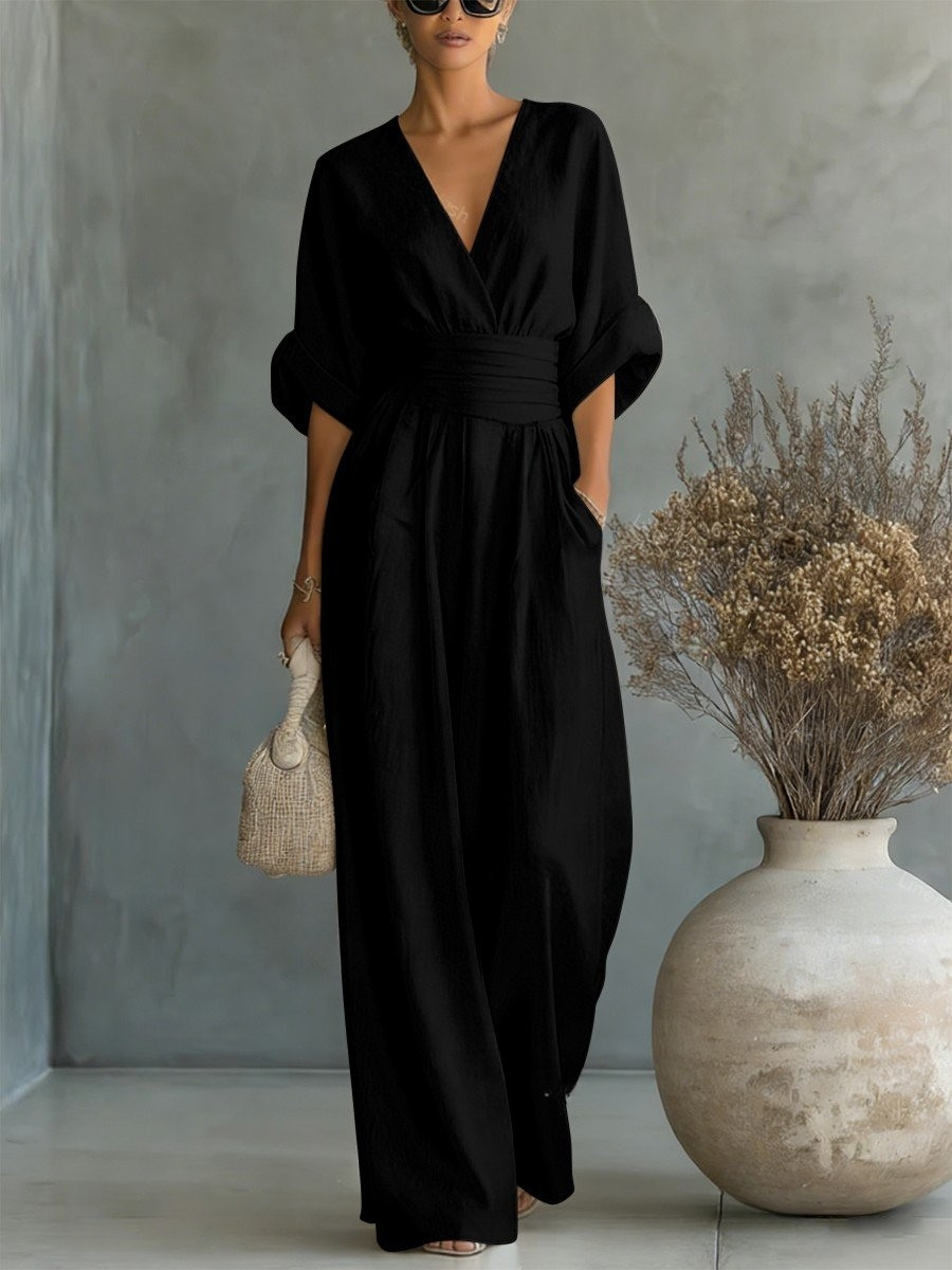 Sofia V-neck wide-leg jumpsuit in black, full-length front view