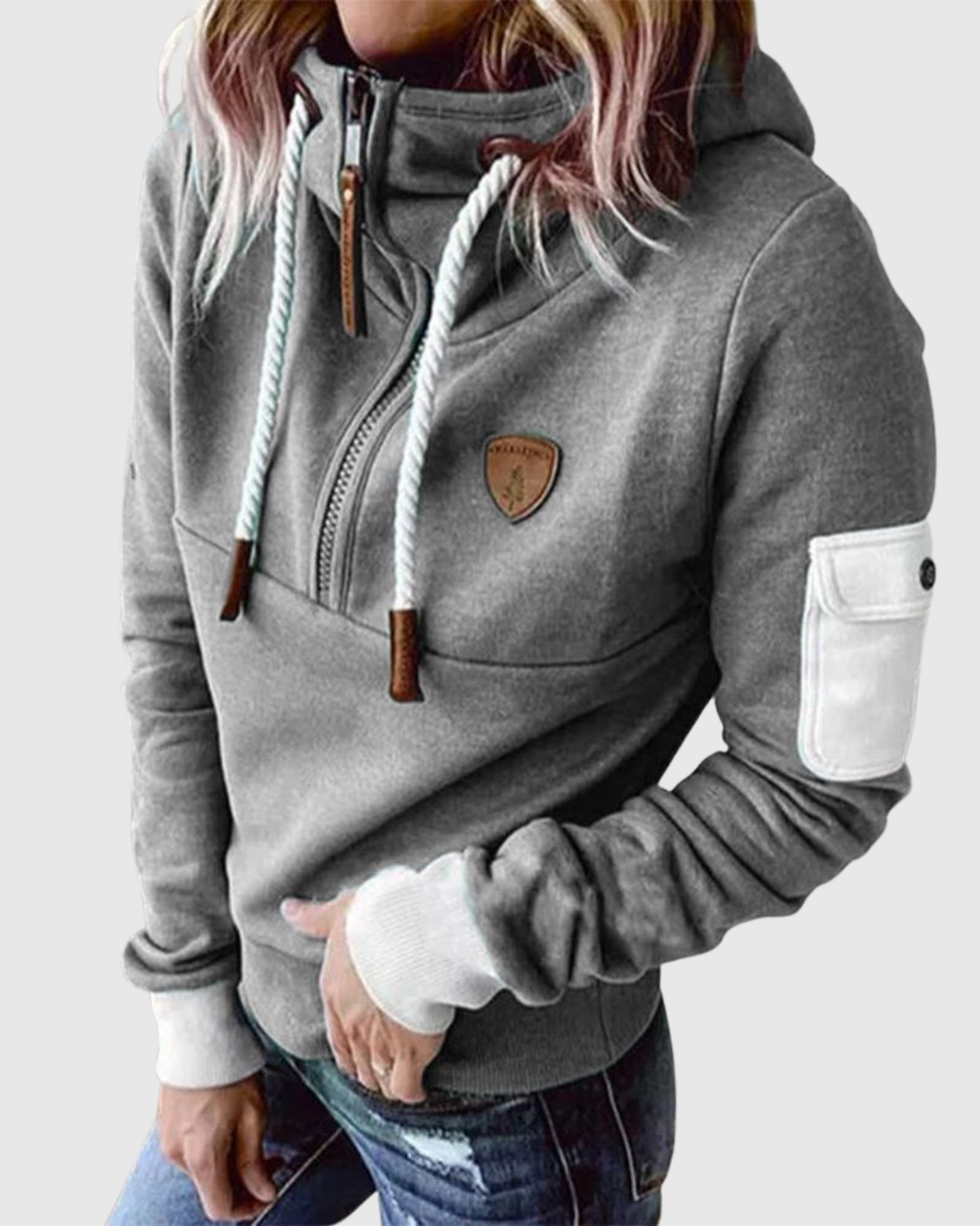 Lois knit pullover in grey, front view on model