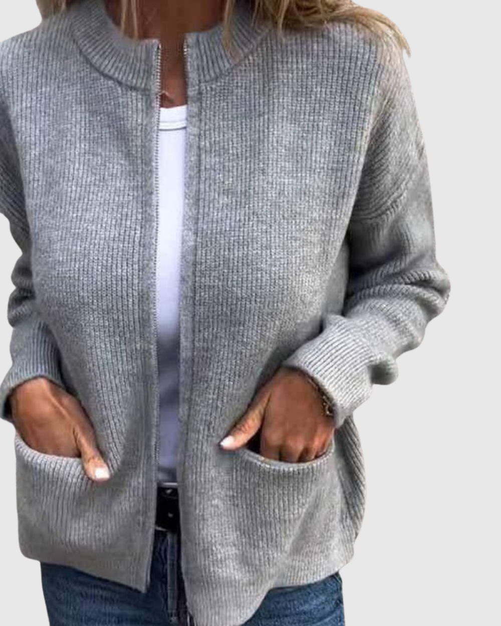 Alvera knit cardigan in grey, front view with hands in pockets