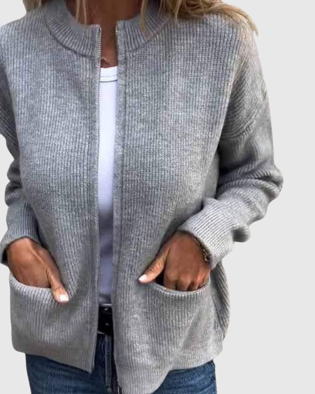 Alvera knit cardigan in grey, front view with hands in pockets