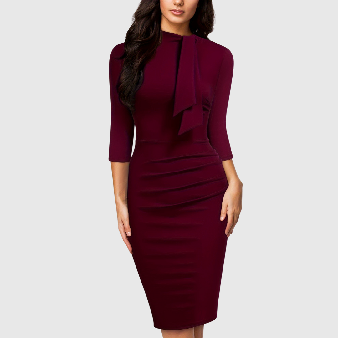 Hariethe tie-neck sheath dress in deep red, full-length front view