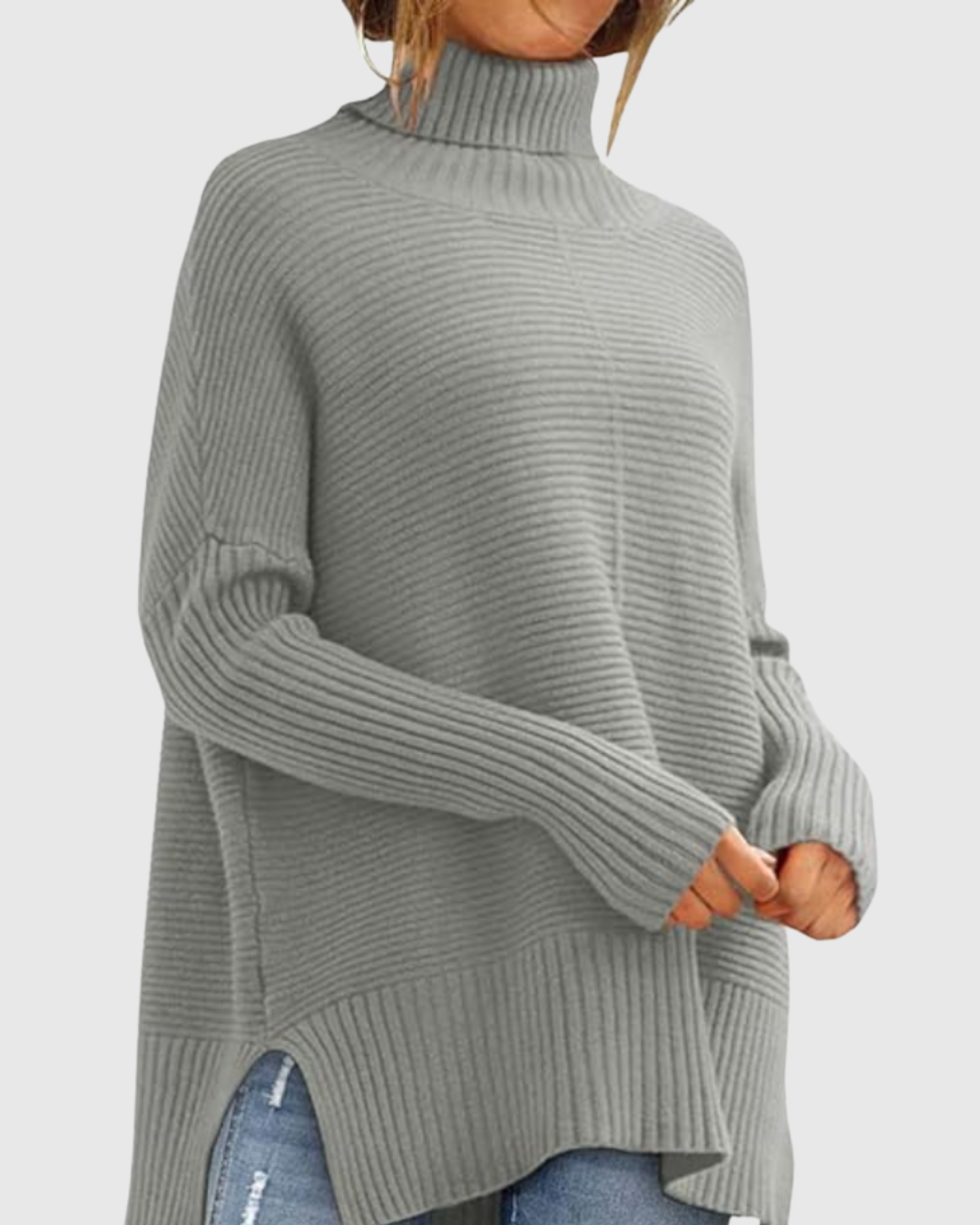 Aeronwen ribbed turtleneck knit jumper in grey, front view