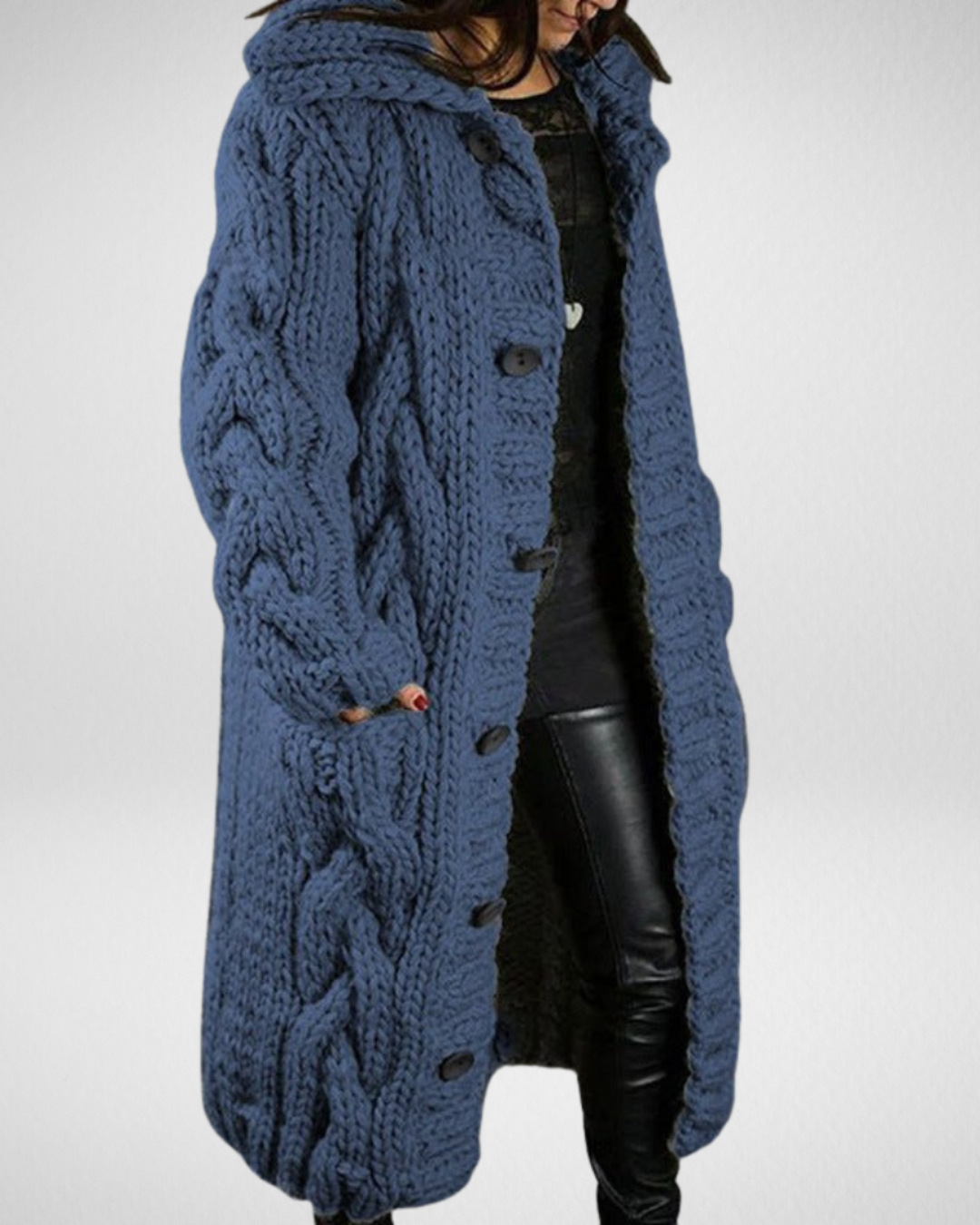 Maelona longline hooded cable-knit coat in blue, worn open, front view