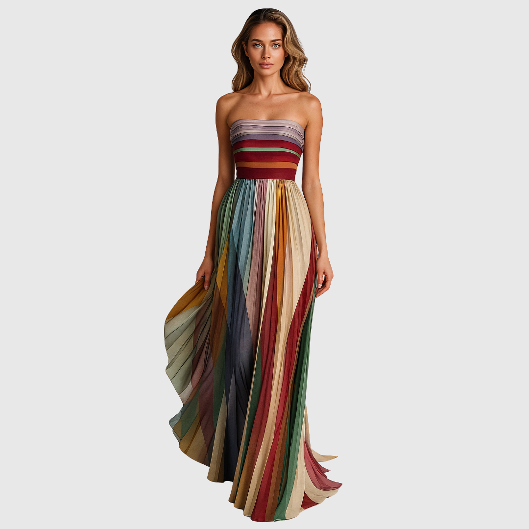 Isola maxi dress with pleated striped skirt, front view