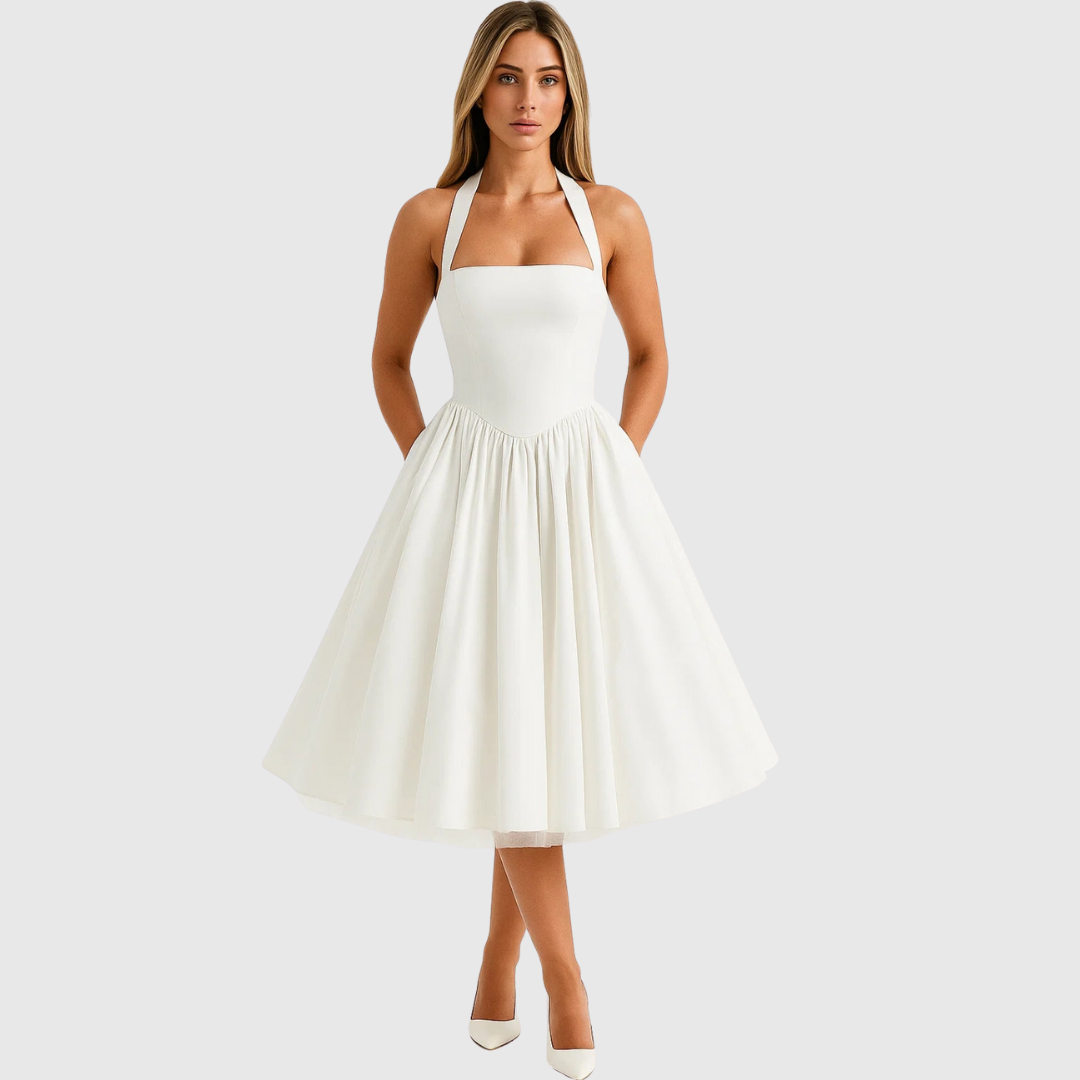 Verity vintage-inspired halter midi dress in white, full front view