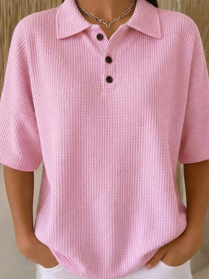 Peggie waffle polo blouse in pink, front view on model