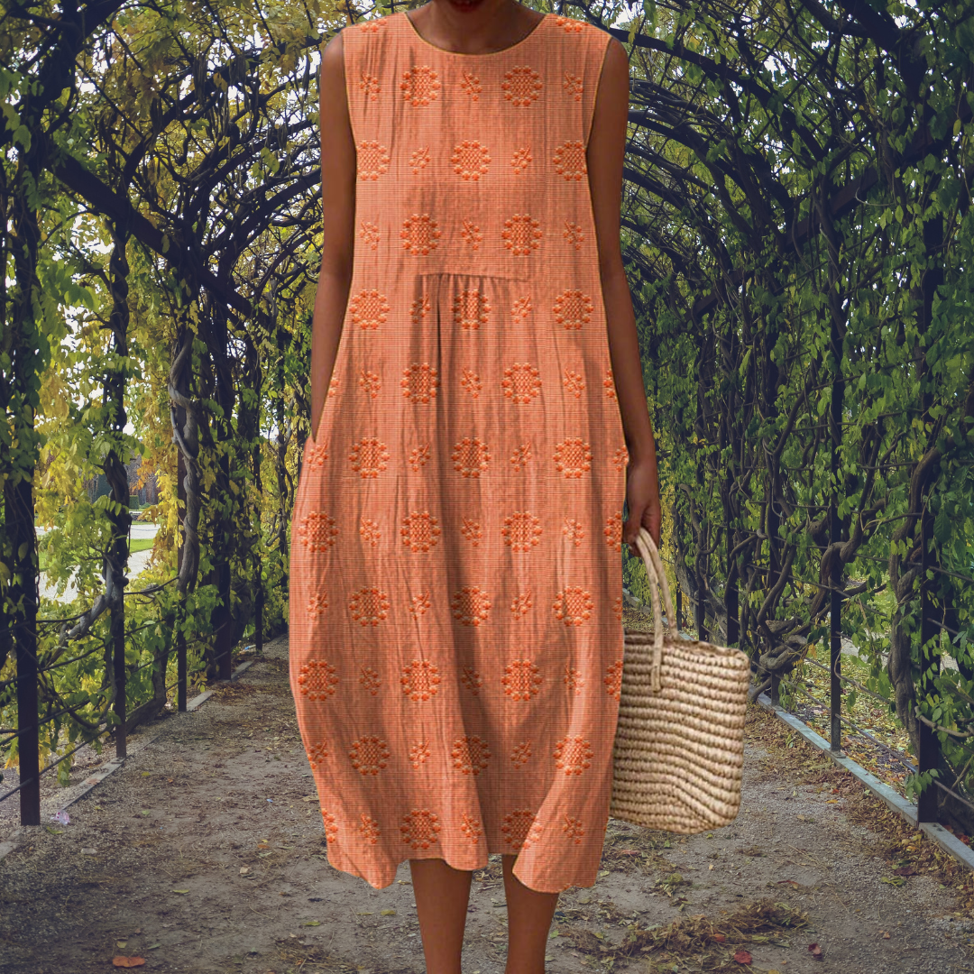 Aikaterini sleeveless midi dress in orange, full-length front view