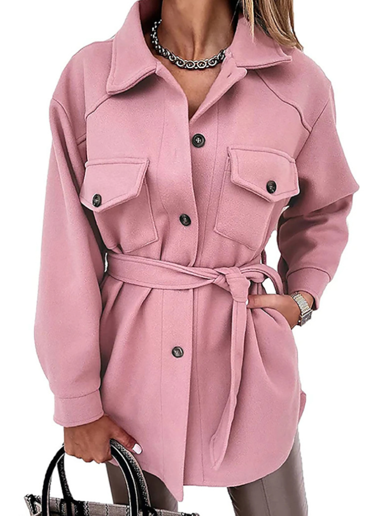 Orlisse shirt jacket in pink, front view with waist belt tied