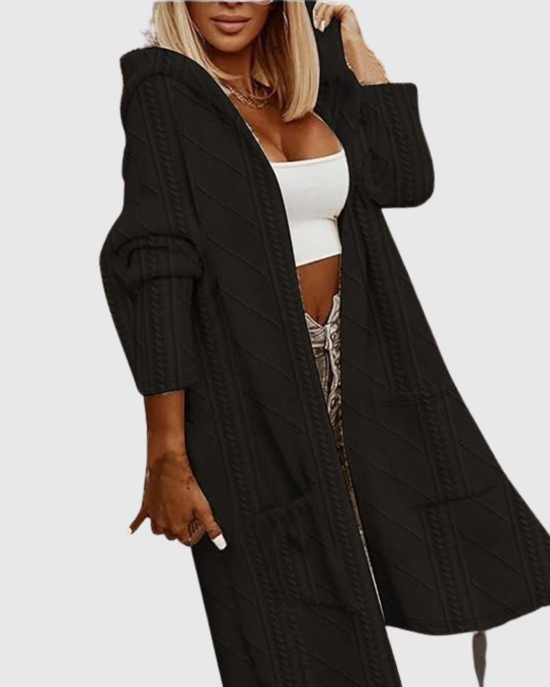 Honoria hooded cable-knit cardigan in black, front view with patch pockets