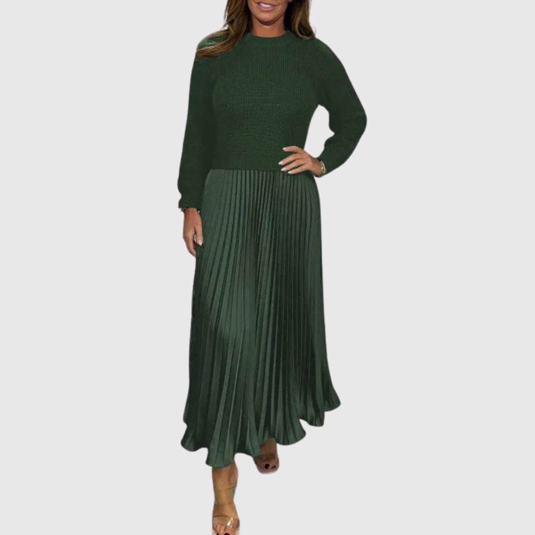 Alarice sweater and pleated skirt set in green, full-length front view