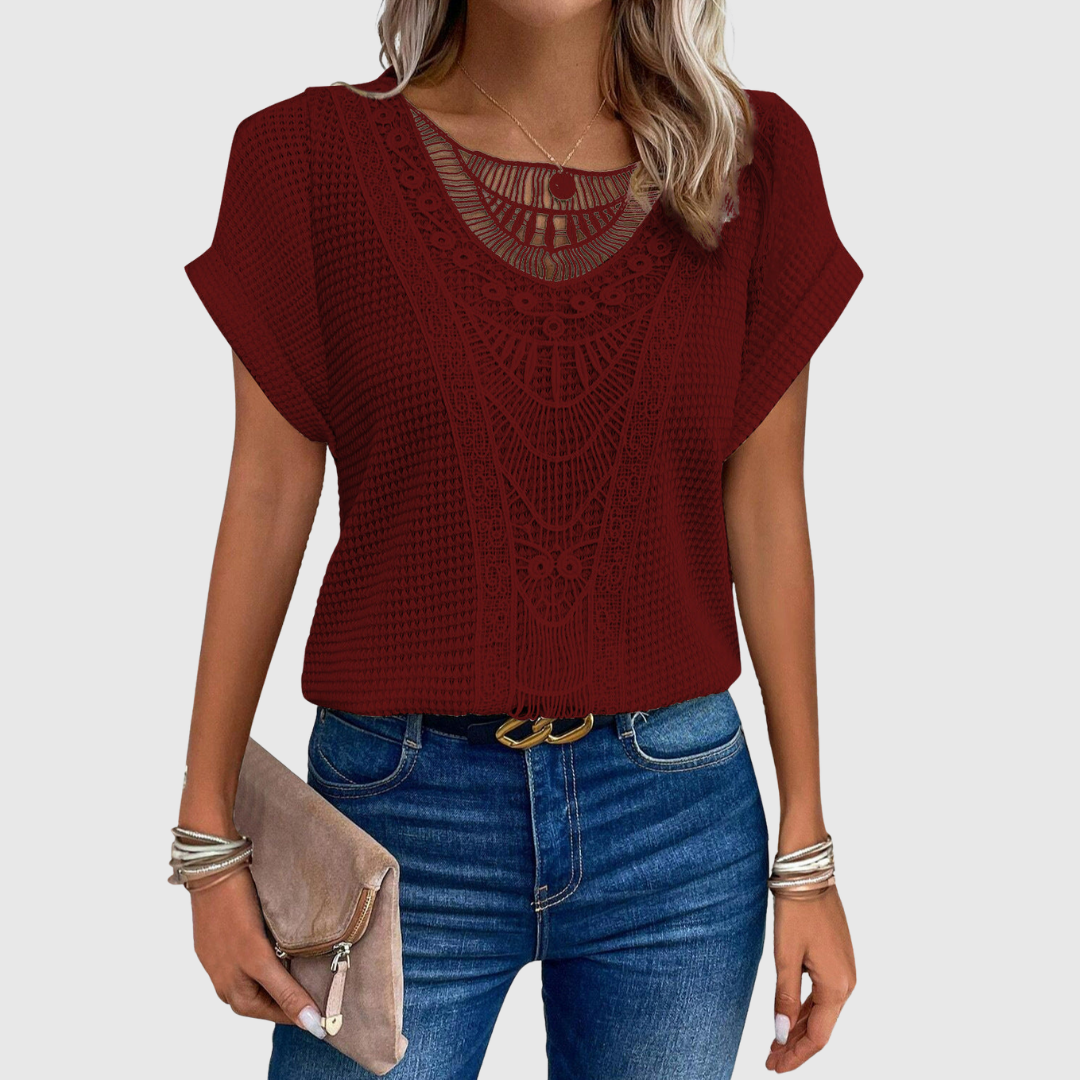 Lucinda lace short sleeve top in wine red, front view