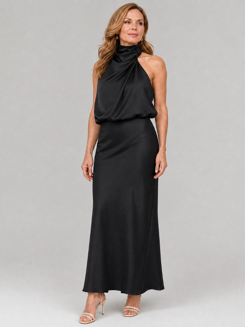 Nopal sleeveless draped neck midi dress in black, front view