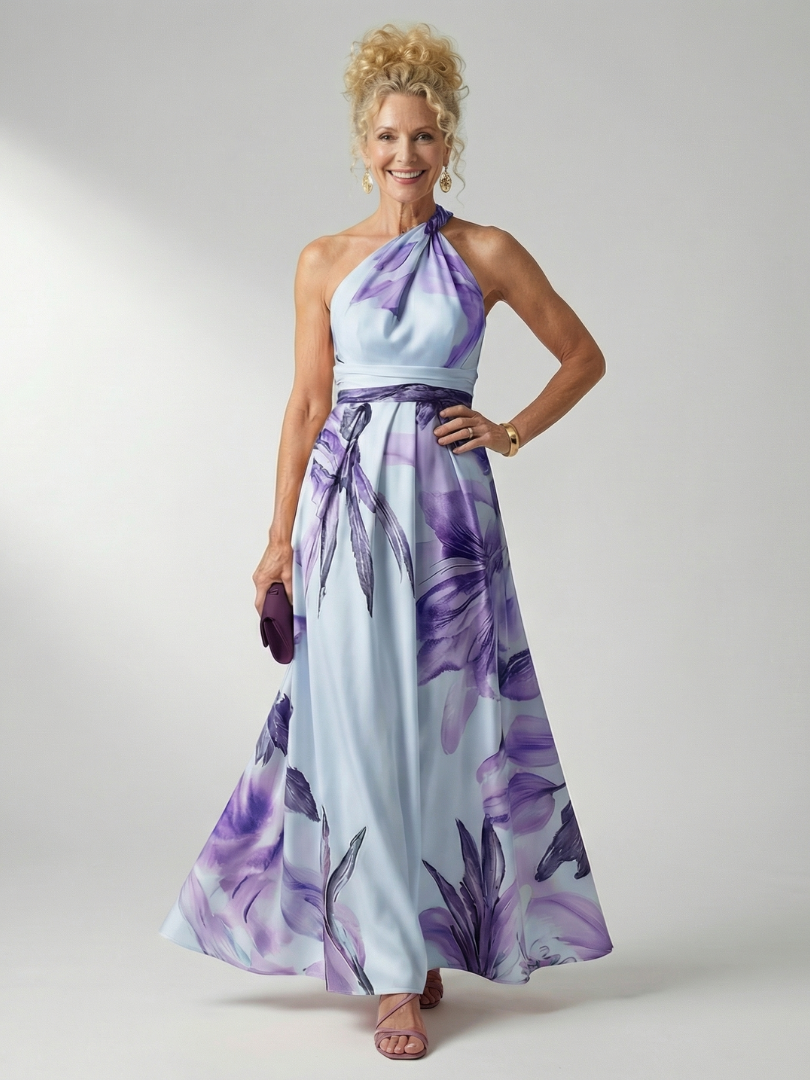 Amiel light floral maxi dress in purple, full-length front view