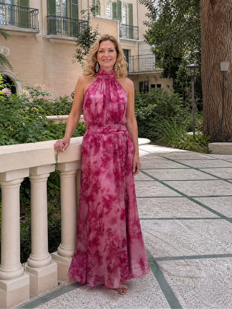 Avien floral halter dress worn on a sunny garden terrace