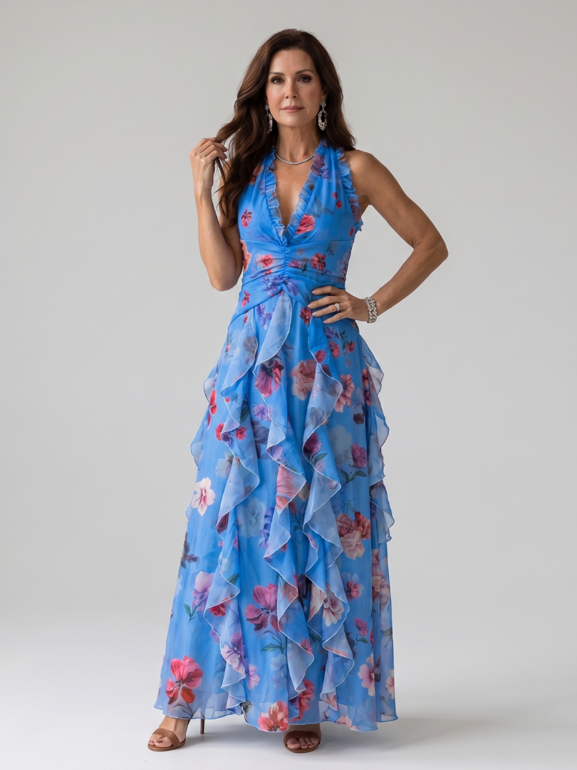 Nori floral maxi dress in blue, full-length front view