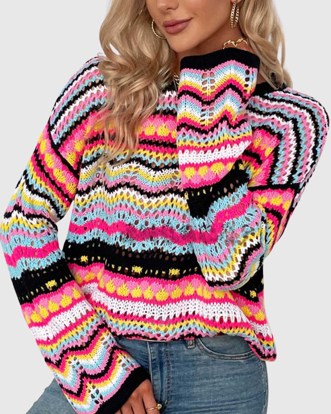 Corvella open-knit sweater in pink and black multicolour, front view