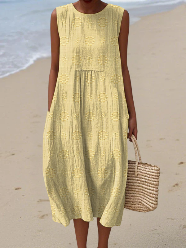 Rose embroidered midi dress in yellow, full-length front view