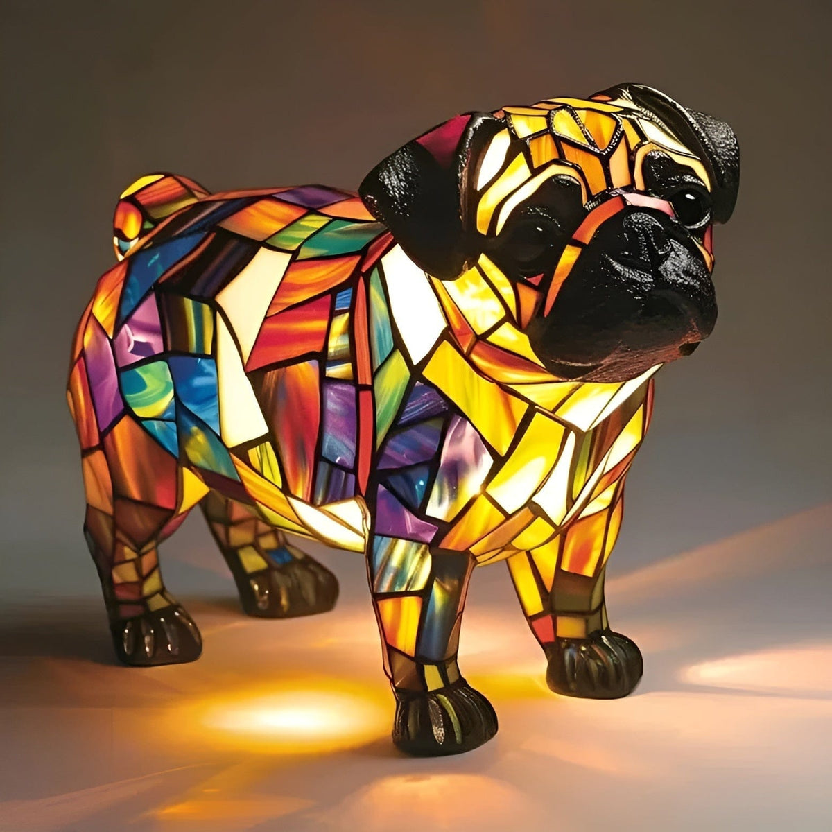 Percy pug lamp in multicoloured mosaic, glowing side view