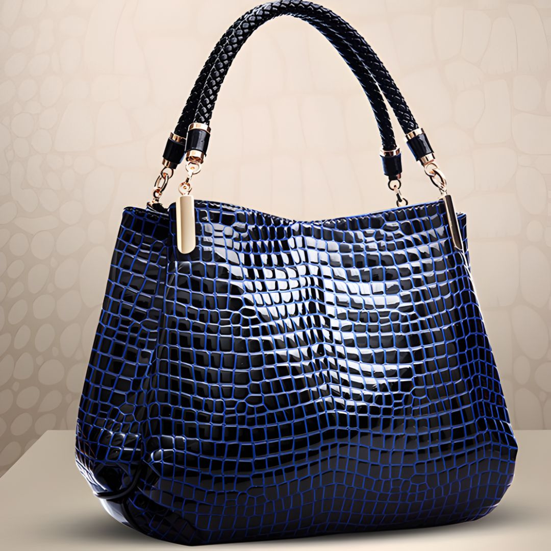 Lusso Milano crocodile shoulder bag in blue, angled view