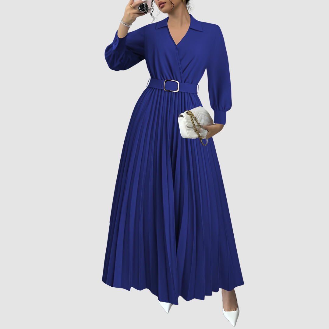 Margot Lane pleated maxi dress in cobalt blue, full-length front view