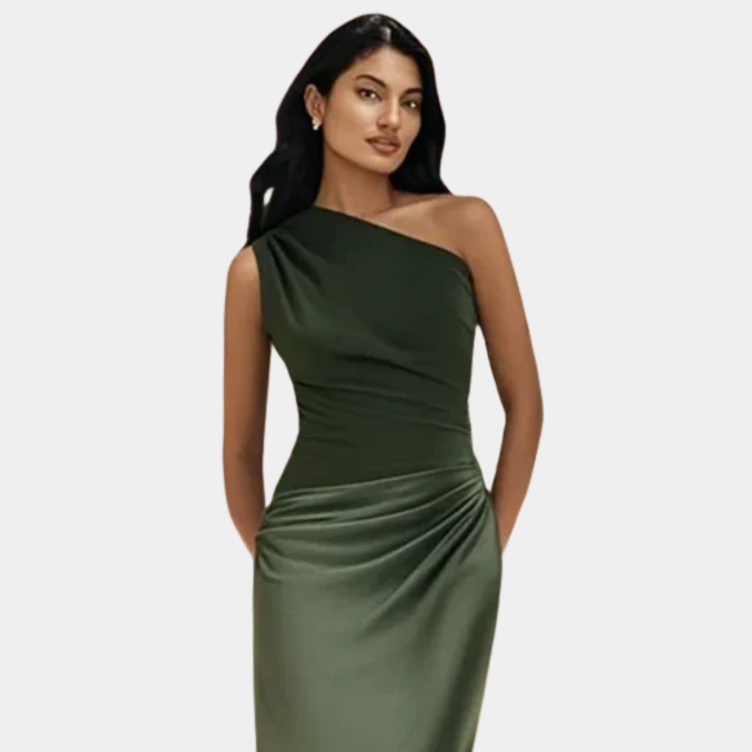 Aleida one-shoulder maxi dress in green, upper body front view