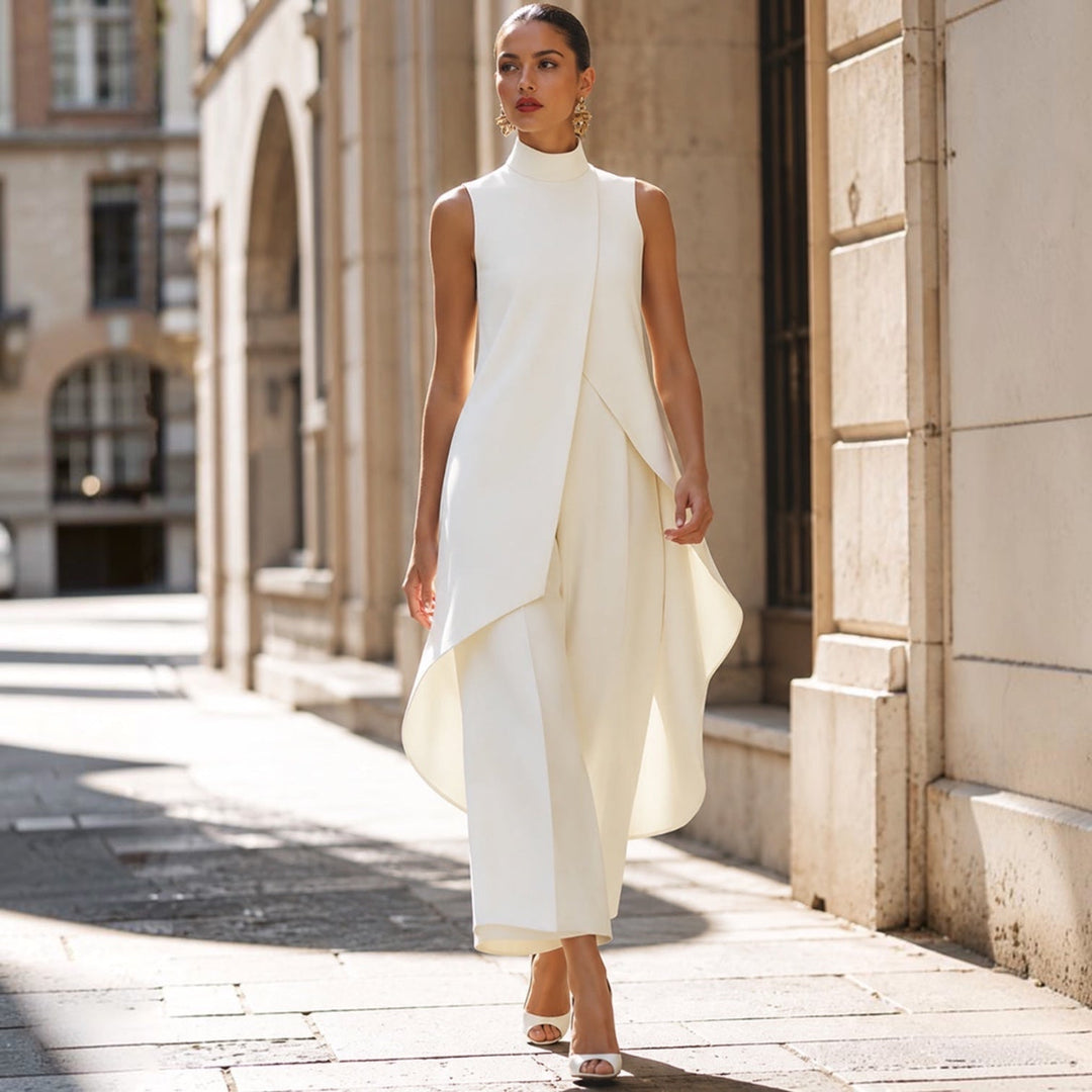 Valentina draped jumpsuit in white, walking front view