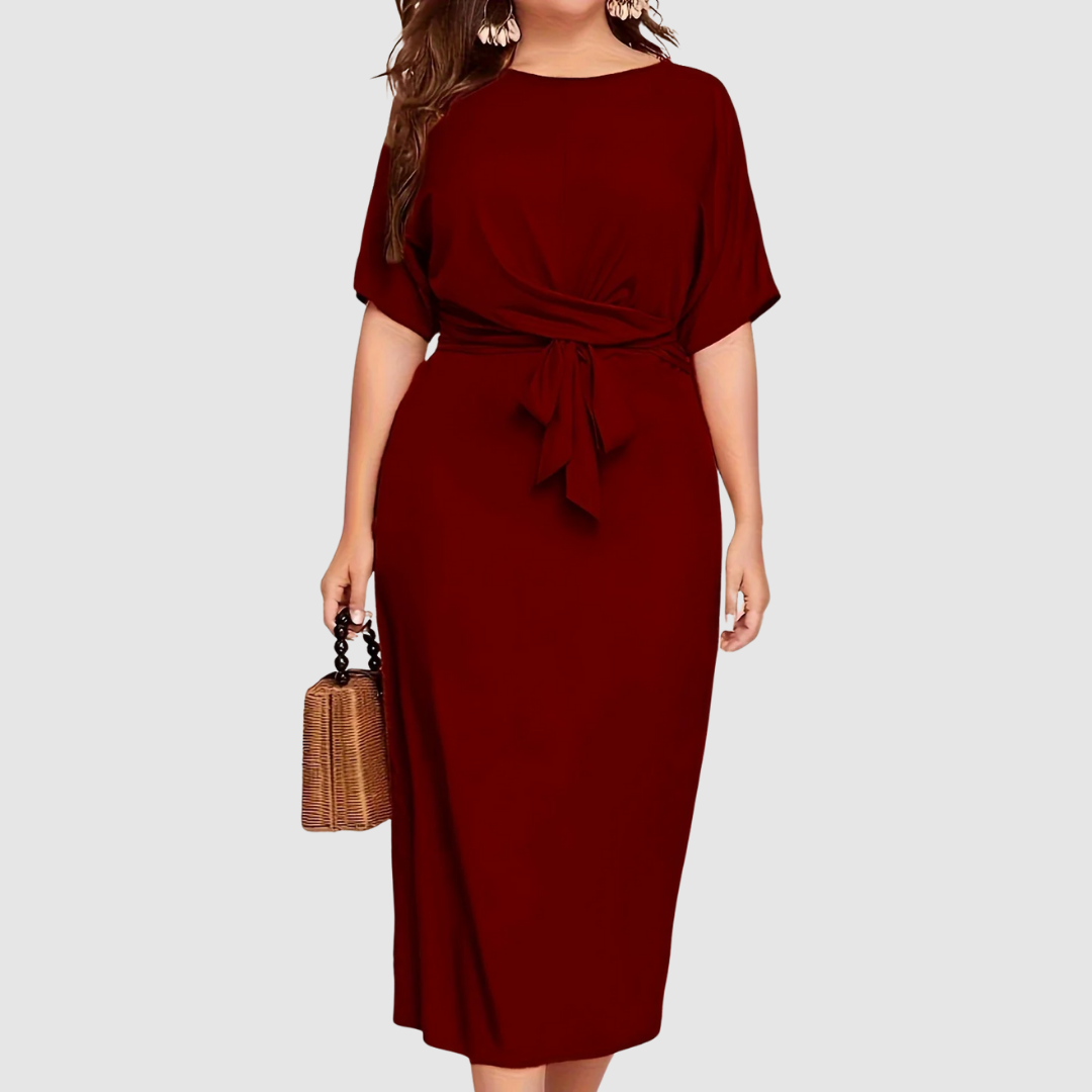 Margaux Lane timeless midi dress in red, front view with waist tie
